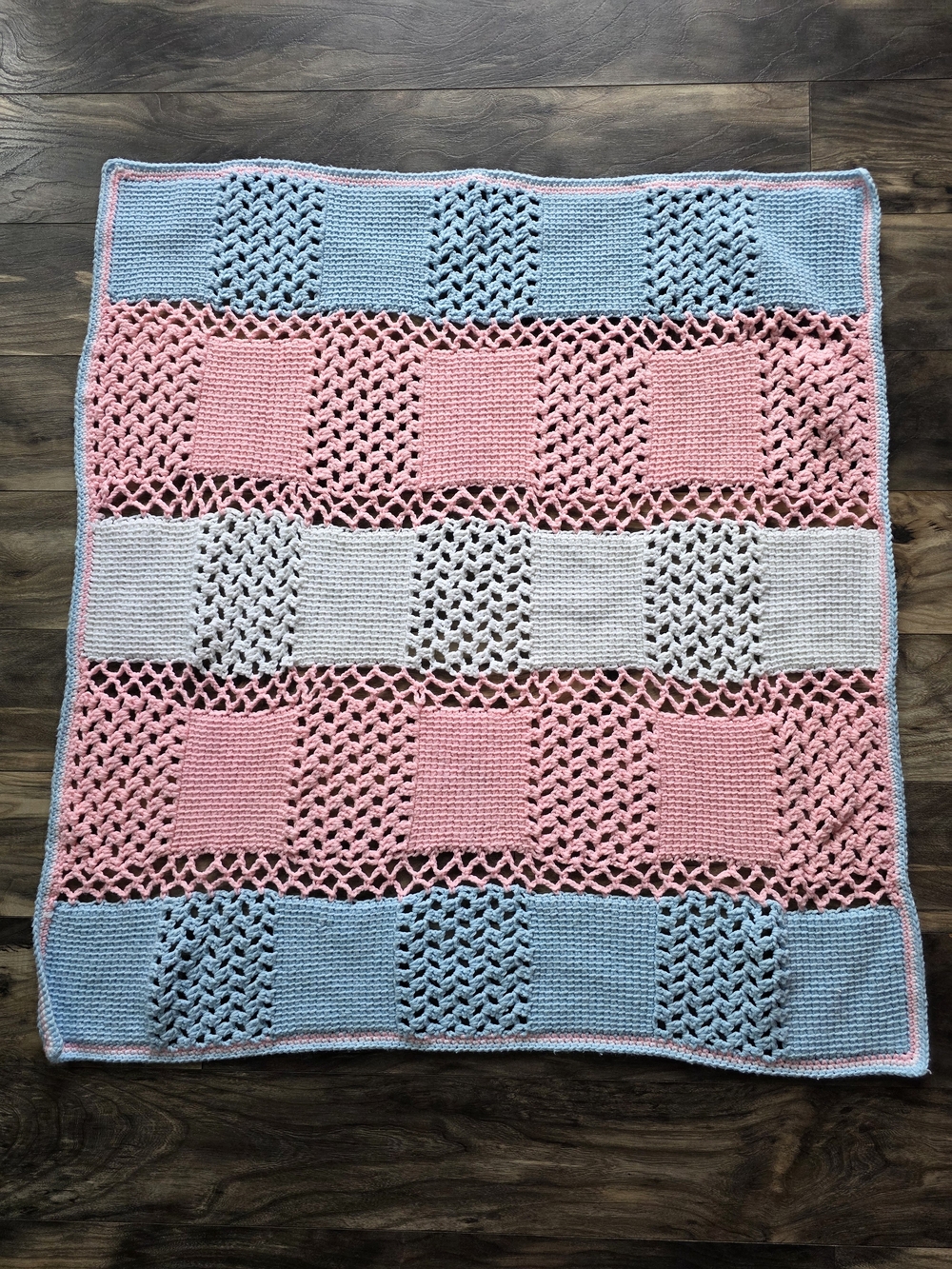 Vintage 1980s Crochet Baby Blanket - Pastel Pink Blue Checkerboard Afghan